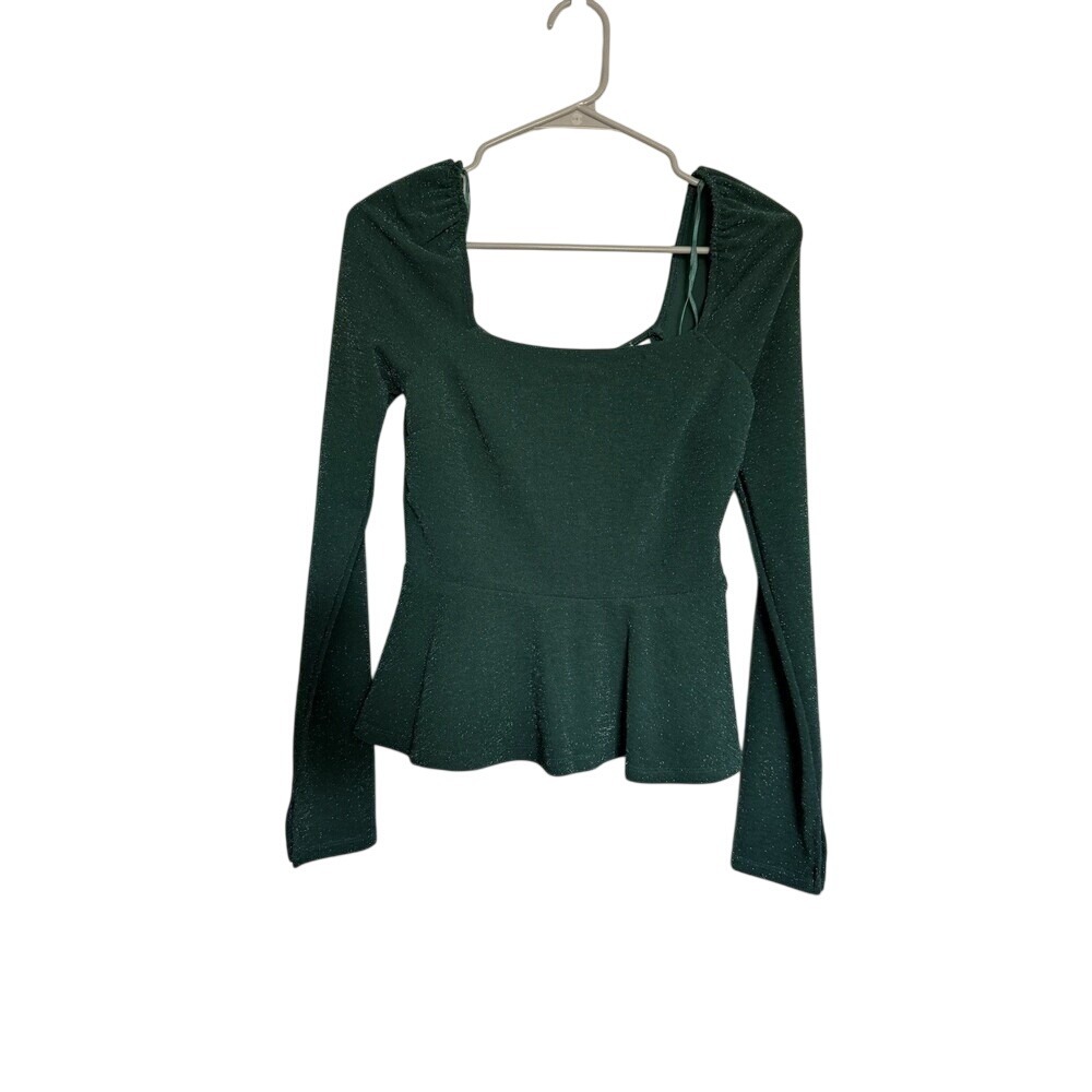 Francesca's Green Glitter Peplum Top Square Neck Long Sleeve NWT Small